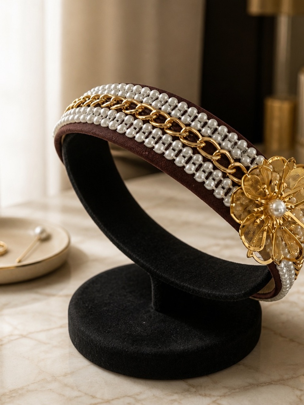 Pearl & Gold Floral Embellished Brown Headband